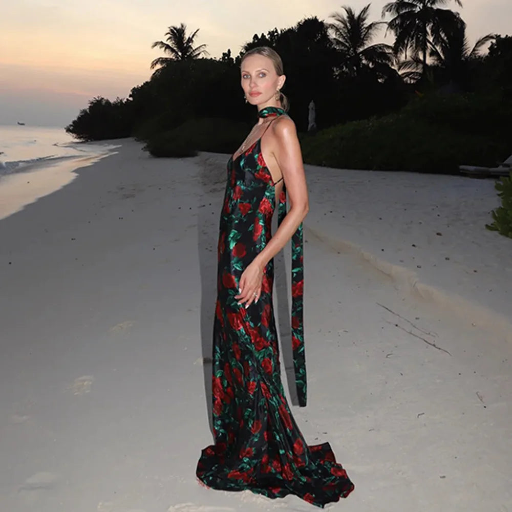 Deep V Spaghetti Strap Floral Print Bodycon Maxi Dress