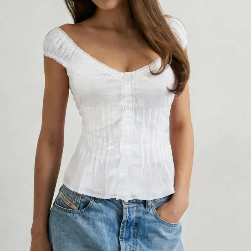 Women Y2k Coquette Shirts Short Sleeve U Neck Button Ruffle Lace Patchwork Fairy Grunge Going Out Tops Tees