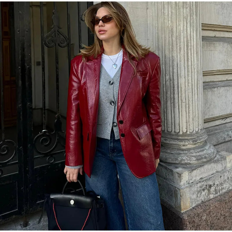 PU Leather Tube Dresses Suit Coat Women's Set Vintage Solid Slim Fit Long Dress Lapel Jackets Sets Female Chic Street Outfits
