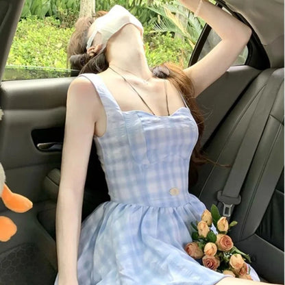 Plaid Dresses Women Sleeveless Sweet Square Collar Spring Summer Fashion Elegant Party Mini Dress Female Casual