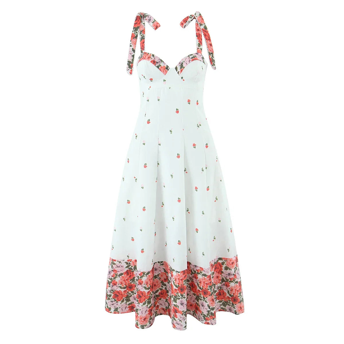 Flower Print Patchwork White Sling Elegant Dress Women Lace Up Bandage Back A-line Summer Dresses Chic Lady Holiday Robe 2025