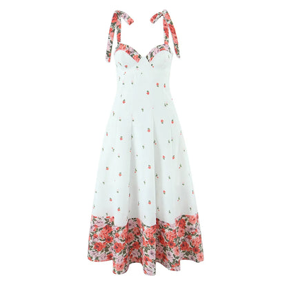 Flower Print Patchwork White Sling Elegant Dress Women Lace Up Bandage Back A-line Summer Dresses Chic Lady Holiday Robe 2025