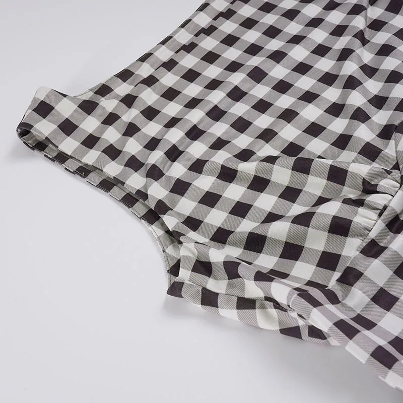 Elegant Women A Line Short Dress Fashion O Neck Plaid Print Sleeveless Tie Waist French Retro Casual Summer Mini Dress