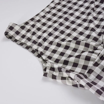 Elegant Women A Line Short Dress Fashion O Neck Plaid Print Sleeveless Tie Waist French Retro Casual Summer Mini Dress