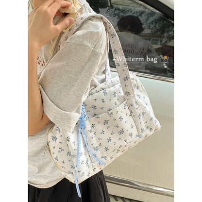 Large Capacity Canvas Bags for Women's Korean Fashion Summer Floral Shoulder Versatile Commuting Underarm Bag