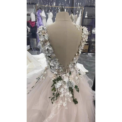 Floral Bride Gowns V Neck Dubai Lush Prom Wedding Gown Applique Mesh Long A Line Backless Tulle Party Dress for Weddings