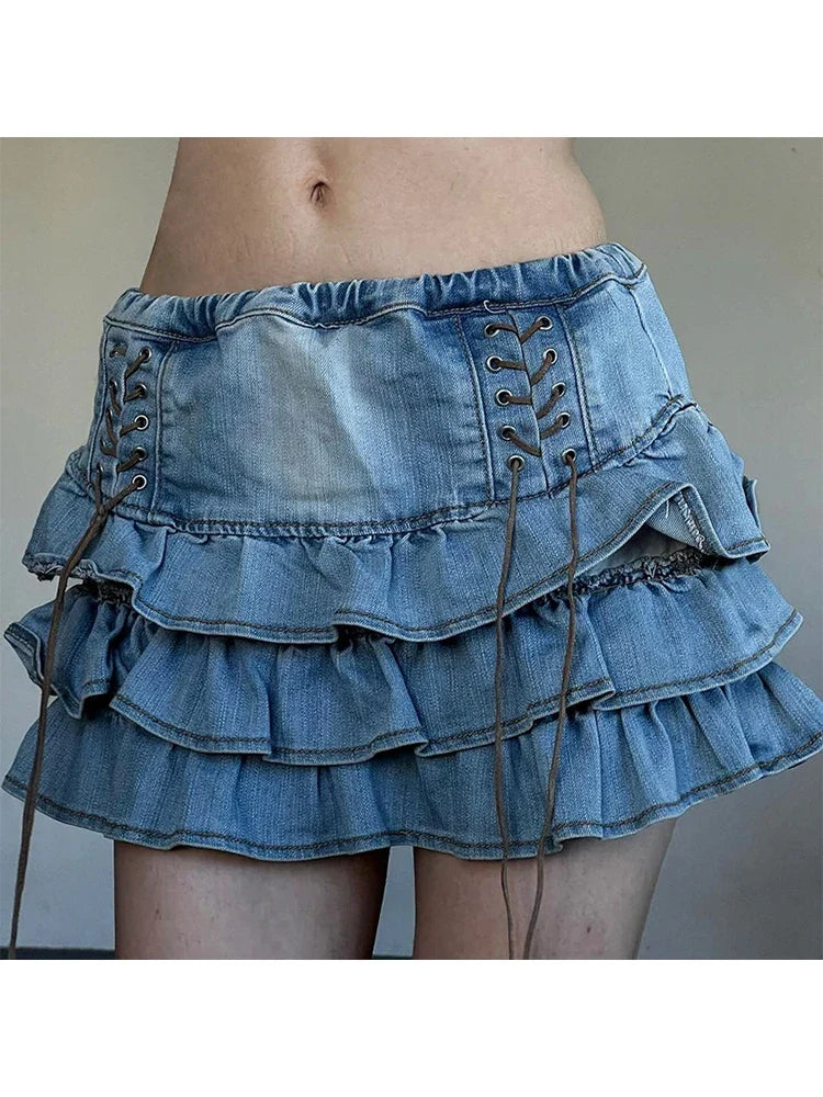 Summer Women Korean Low Rise Gothic Mini Denim Tierred Ruffles Skirt Gyaru Harajuku 2000s Coquette Y2k Streetwear Kpop Chic Goth