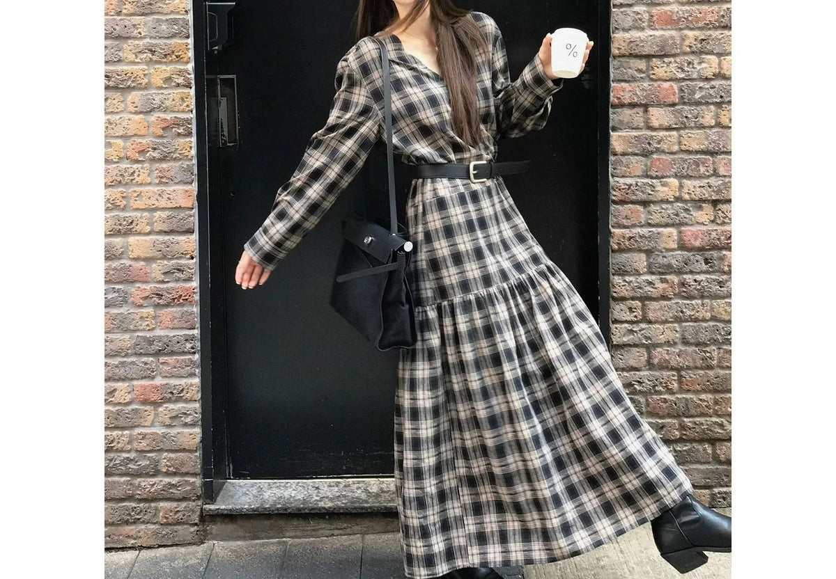 Vintage Ruched Design Plaid Loose Dress for Women New Autumn Layered Base Dress