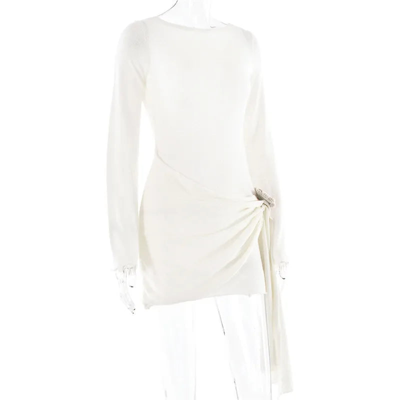 Boucle Knit Boat Neck Bell Sleeve Knot Detail Wrap Mini Dress