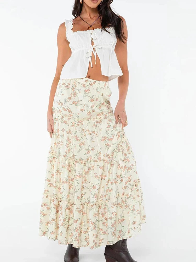 Casual Skirts Women Fashion Vintage Streetwear Skirts Solid Loose Floral Folds Elastic Waist Midi 2024 New Spring Summer Skirts
