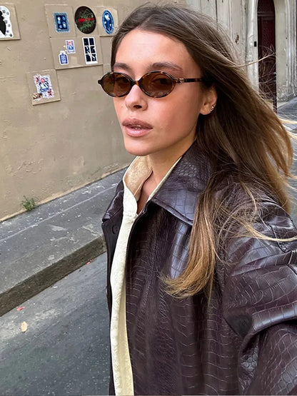 Elegant Burgundy Buttons Litchi Patterned Leather Overcoat Women Fashion Solid Flip Pockets Oversize Jacket Lady Streetwear