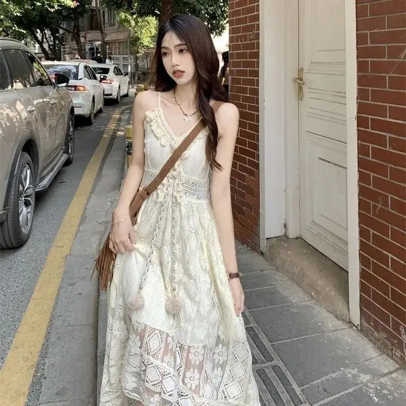 Crochet Vest Ethnic Suspender Dress Long V-neck Tassel Waist Dresses