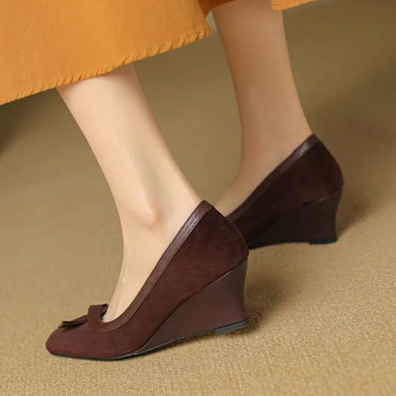 Women's Wedges Pumps Faux Suede Boat Shoes High Heels Slip on Dress Shoes Autumn Bow Boat Shoes for Zapatos Mujer 1861