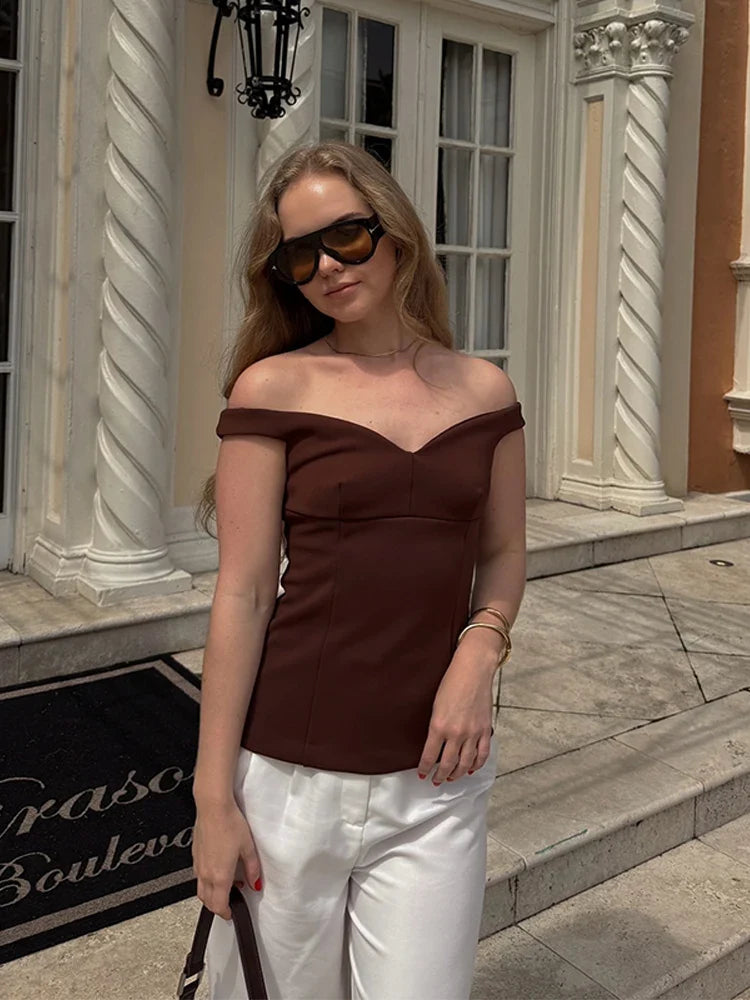Women's Suit Solid Off Shoulder Backless Waist Cinching Sleeveless Top Straight Trousers Female 2 Pieces Summer Matching Sets