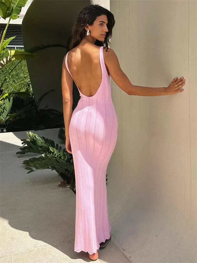 Plunging V-Neck Wide Strap Ribbed Pointelle Knit Bodycon Maxi Dress