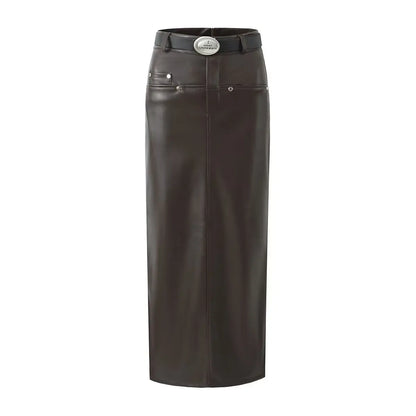 Sexy Black Back Slit PU Leather Pencil Skirt With Belt Women Package Hips Maxi Long Skirts