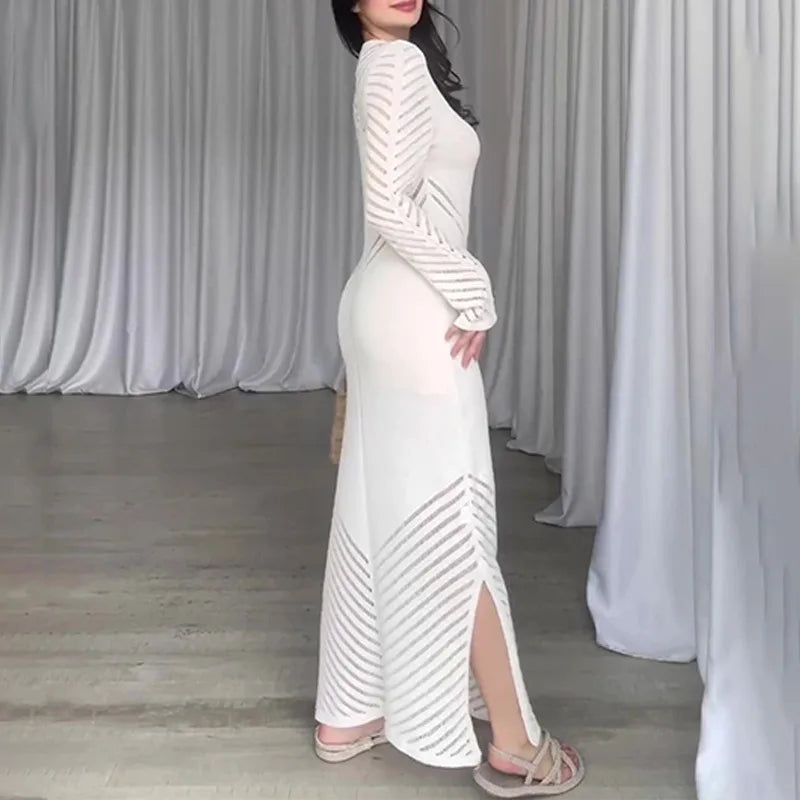 Chevron Mesh Panel Crew Neck Sleeveless Side Slit Knit Maxi Dress
