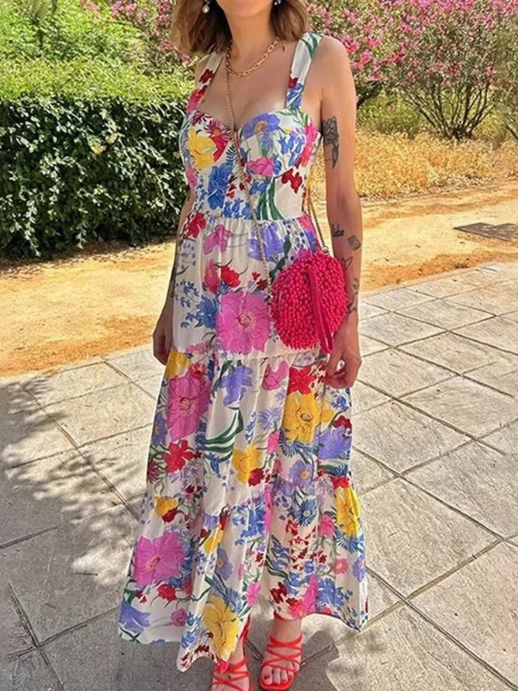 Women's Summer New Fashion Simple Four sided Spring Flower Print Waistless Sleeveless Hanging Strap Dress