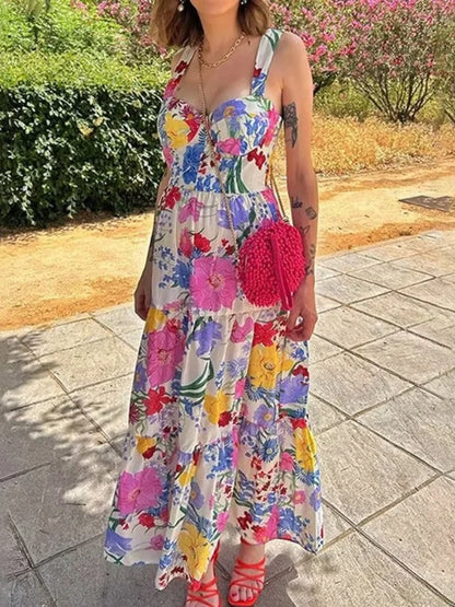 Women's Summer New Fashion Simple Four sided Spring Flower Print Waistless Sleeveless Hanging Strap Dress