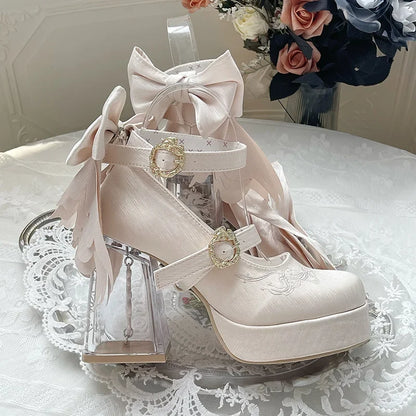 Original Lo Cos High Heels Spring and Autumn New 2025 Japanese Girls Women's Cute Bow Elegant Platform Shoes Y2k Sweet Pumps