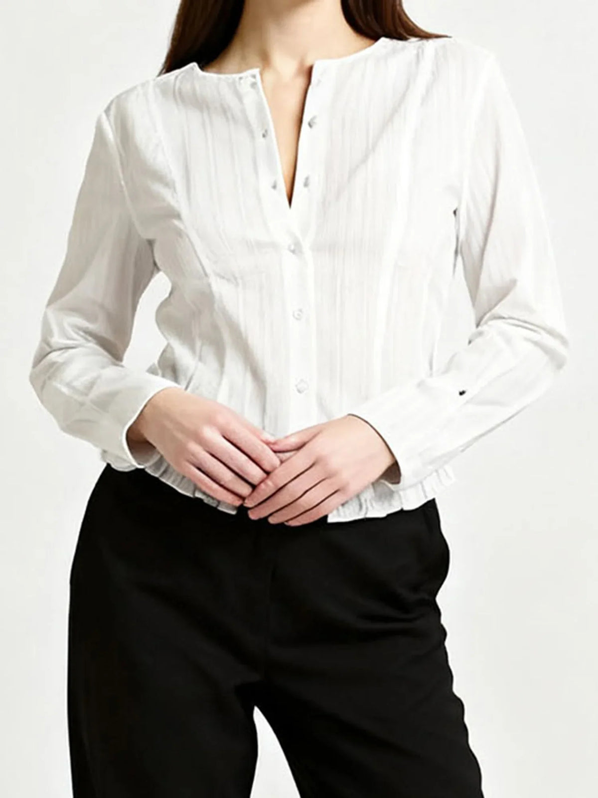 Women s Fall Striped Blouses with Long Sleeves and Round Neckline Featuring Ruffle Trim Hem and Casual Button-Up Design