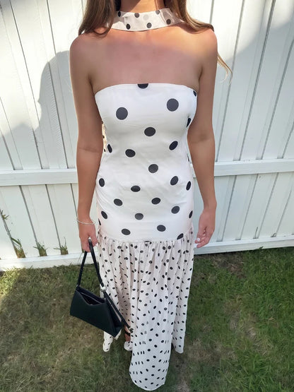 Sexy White Dot Print Strapless Maxi Dress with Matching Scarf for Women Summer Sleeveless Mesh Patchwork Vacation Dress