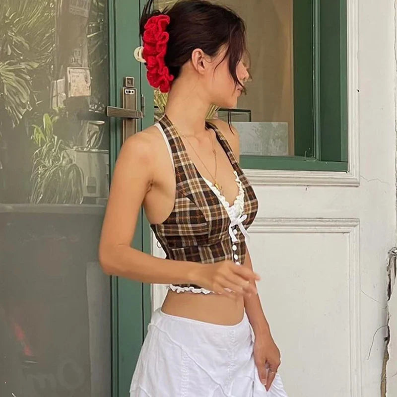Y2K Plaid Halter Lace Trim Bow Tie Cami Top