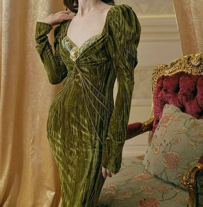 Autumn and Winter New Retro Green Velvet Fishbone Dress Fishbone Waist Seal Mature Skirt（Without A Chain）