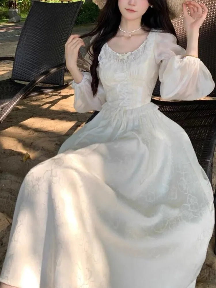 Women Puff Sleeves Floral Lace Up Midi Dress Summer Elegant Medieval Retro Evening Party Prom Chic One-piece Clothing