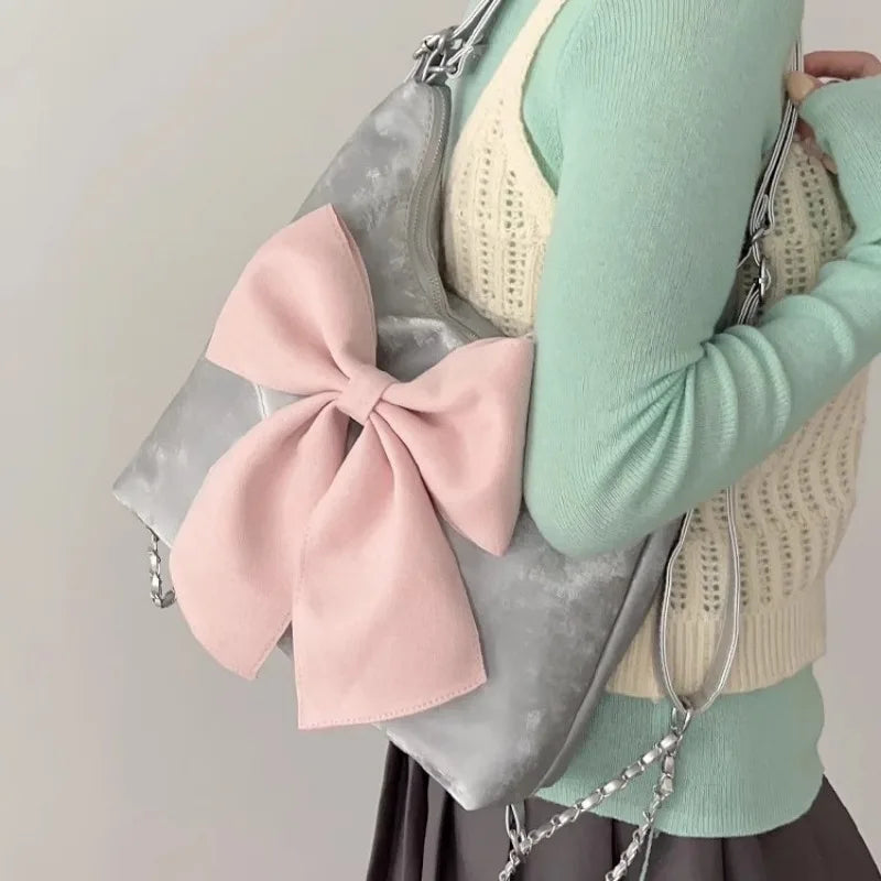 Pink Bow Womens Shoulder Bag Korean Style Fashion Large Capacity Sweet Backpack Cute Exquisite Elegant New Female Tote Bag