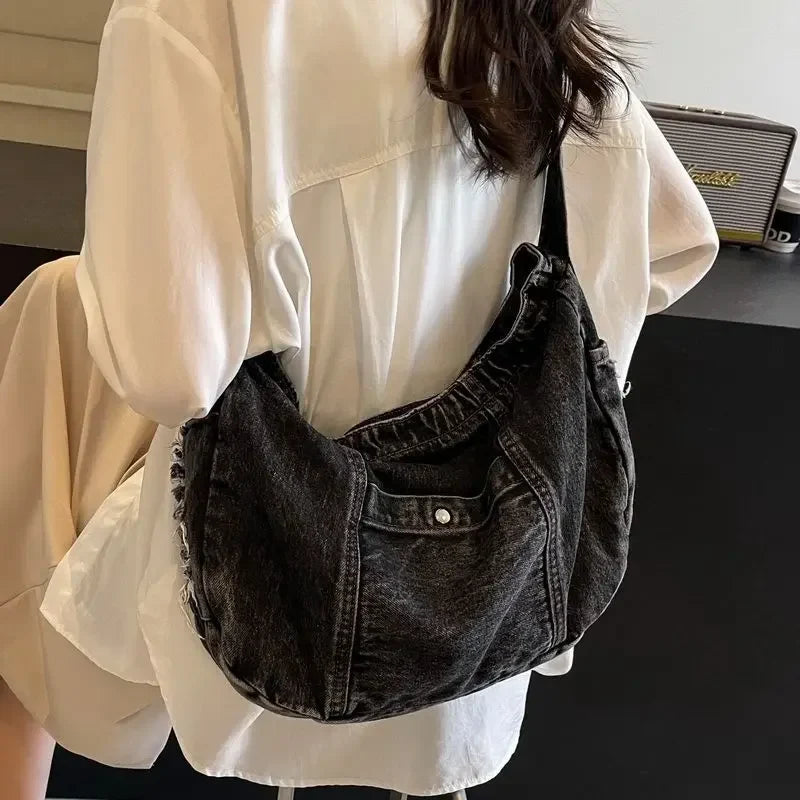 Single Shoulder Denim Women Bag Casual Korean Versatile Outdoor Crossbody Large Capacity Bags