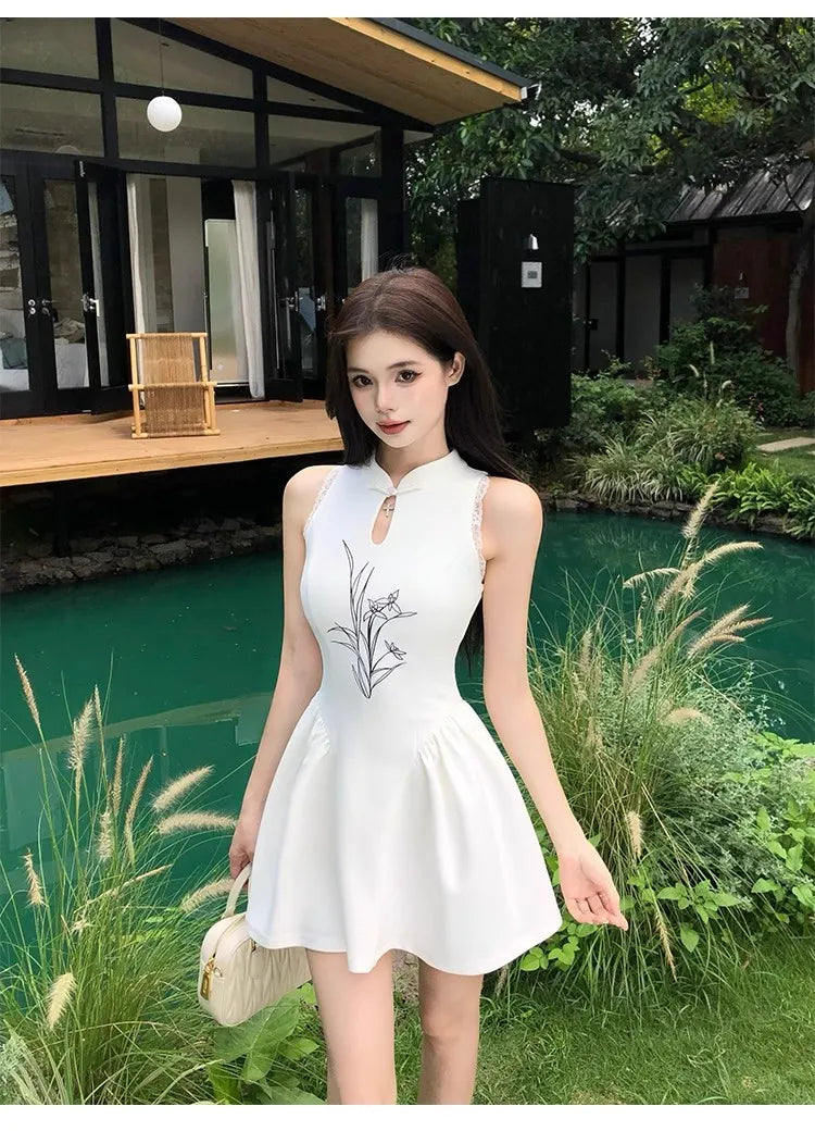Chinese Style Printed Dress for Women's Summer Slim Fit Sleeveless Lace A-line Short Dress Fashion Female Clothes