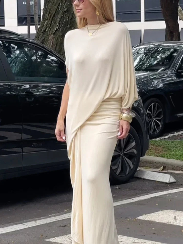 Puss Elegant 2-Piece Set Women Irregular Sleeve Ribbon Top+Peach Hip Bottom Casual Classic Office Stretch Slim Outfits