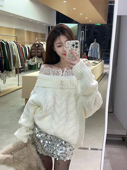 Lazy Style Women Slash Neck Fashion Sweater French Lace Patchwork Loose Cloak Off Shoulder Knitted Top Oversize Loose Pullover