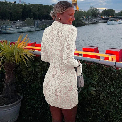 Mock Neck Keyhole Cutout Floral Lace Bell Sleeve Bodycon Mini Dress