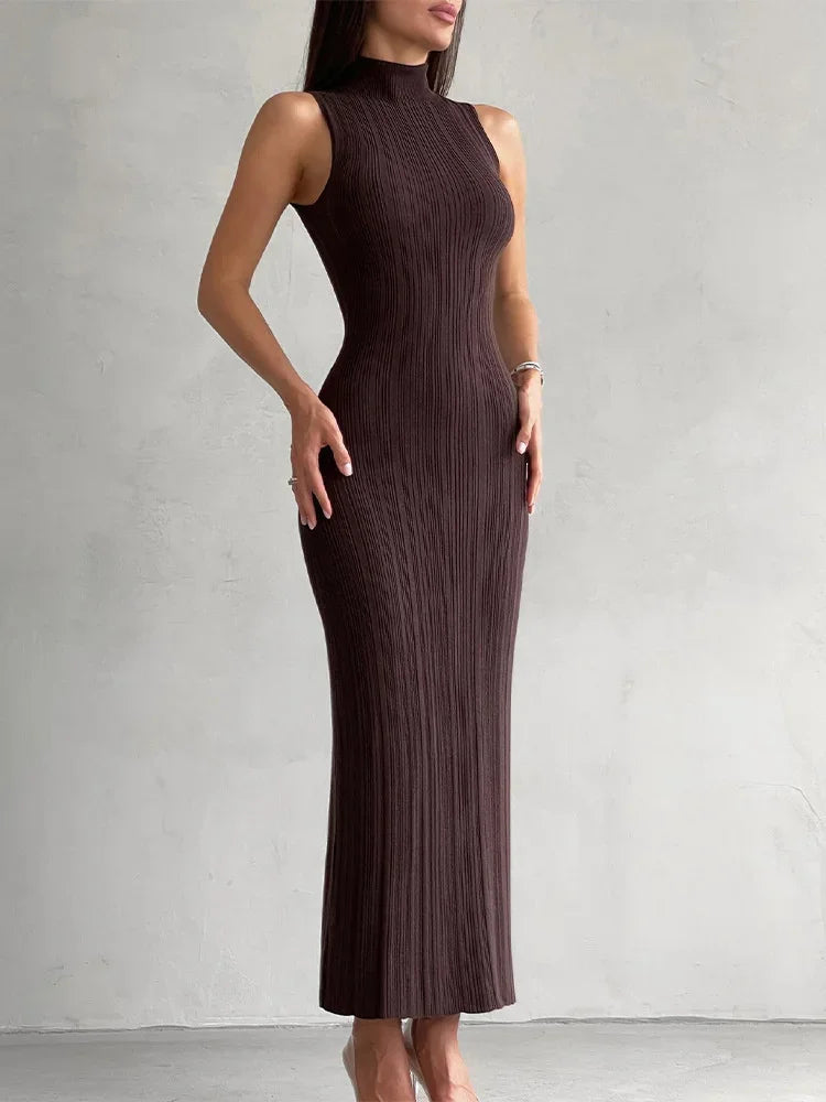 Mock Neck Sleeveless Rib Knit Bodycon Maxi Dress