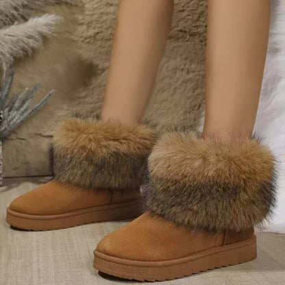 Casual Non Slip Plush Women Snow Boots Brown Round Toe Solid Thick Bottom Flat Comfortable Outdoor Warm Women's Cotton Shoe