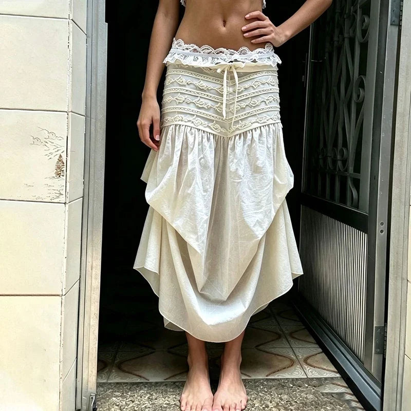 Vintage Irregular Midi Skirt Women Vacation Beach Lace Patchwork Dresses Summer Ladies Fairy Korean Design Asymmetrical Faldas