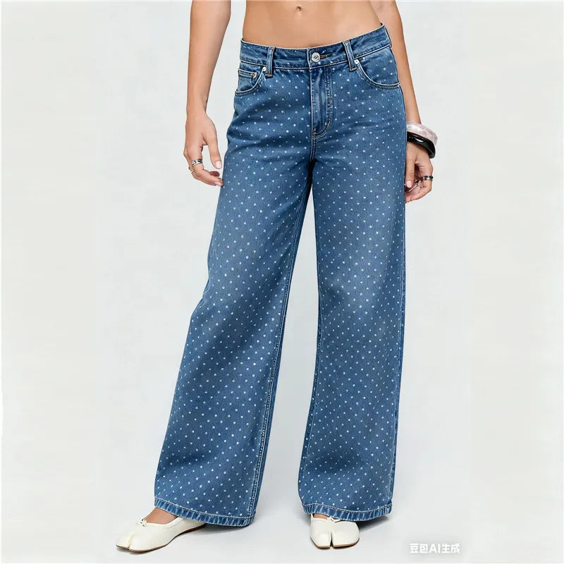 Women's Y2K Polka Dot Wide Leg Jeans High Waist Loose Fit Baggy Denim Pants Retro Vintage Streetwear Casual Daily Outfit