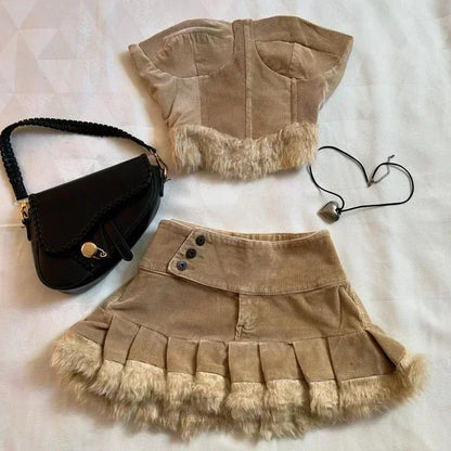Y2K Suspender Leather Short Skirt Two Piece Set Feminine Lace Personalized Design Punk Motorcycle Style Mini Leather Skirt Suit