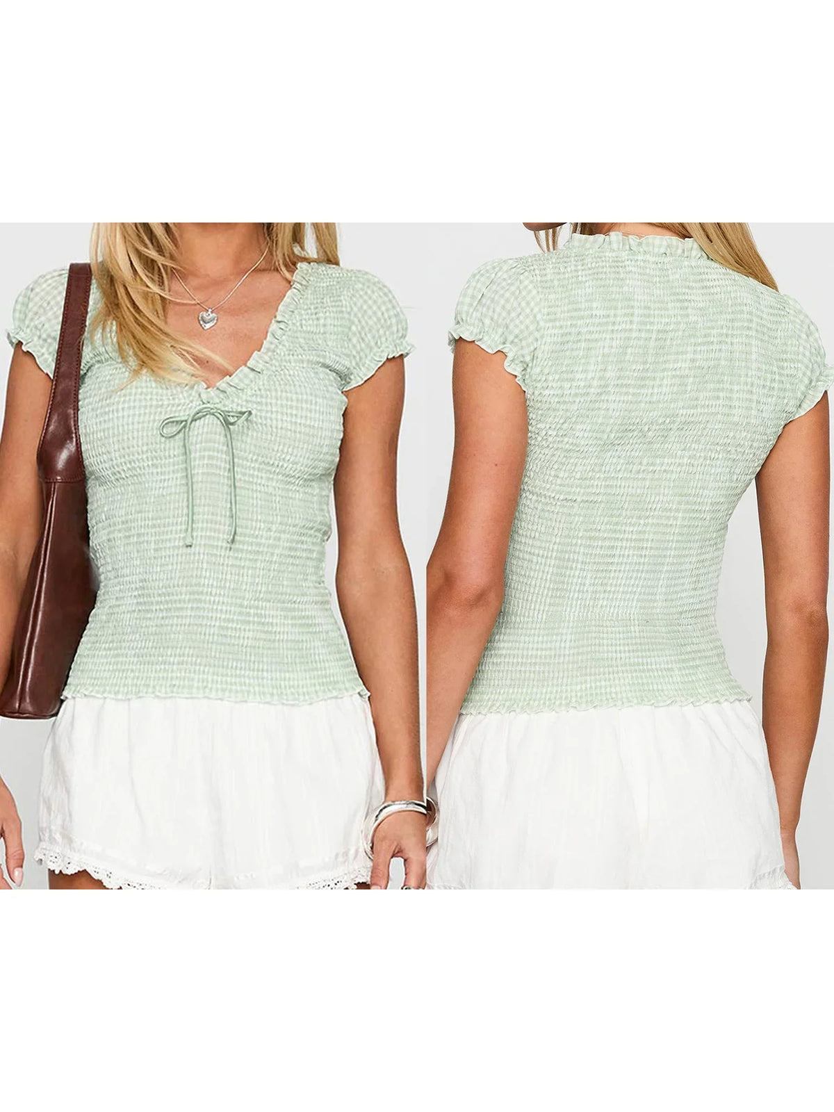 Women s Casual Summer Short Sleeve V-Neck Plaid Print Tie Front Bow T-Shirt with Fit and Streetwear Vibes