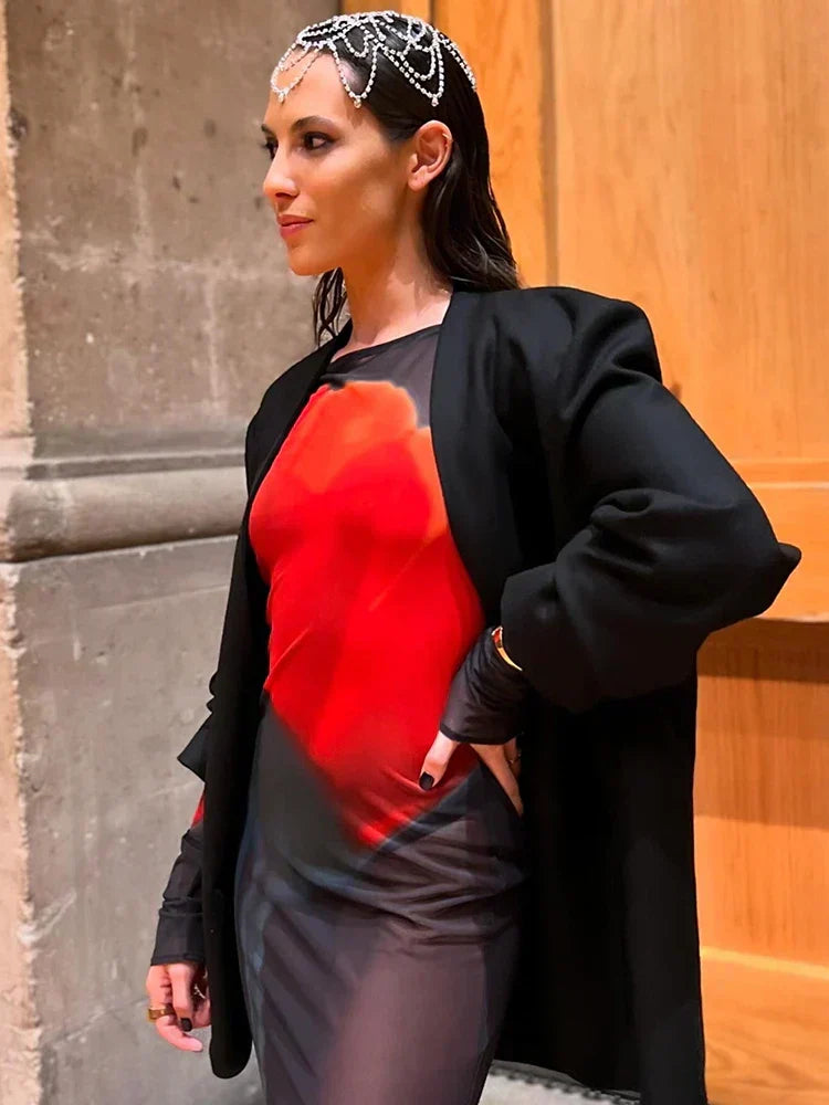 Boat Neck Thumbhole Sleeve Sheer Mesh Abstract Print Mermaid Maxi Gown