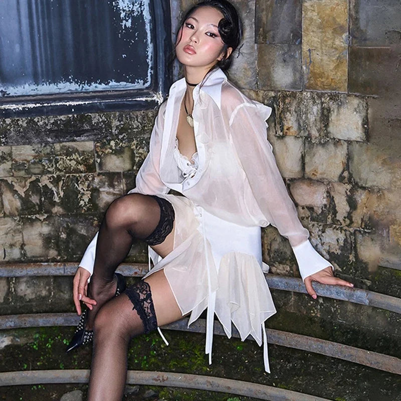 Sexy See-Through Hollow Cardigan Top High Waisted Lace Up Skirt Suit Women's Y2K Hot Girl Outfits Club Party Fashion Suit