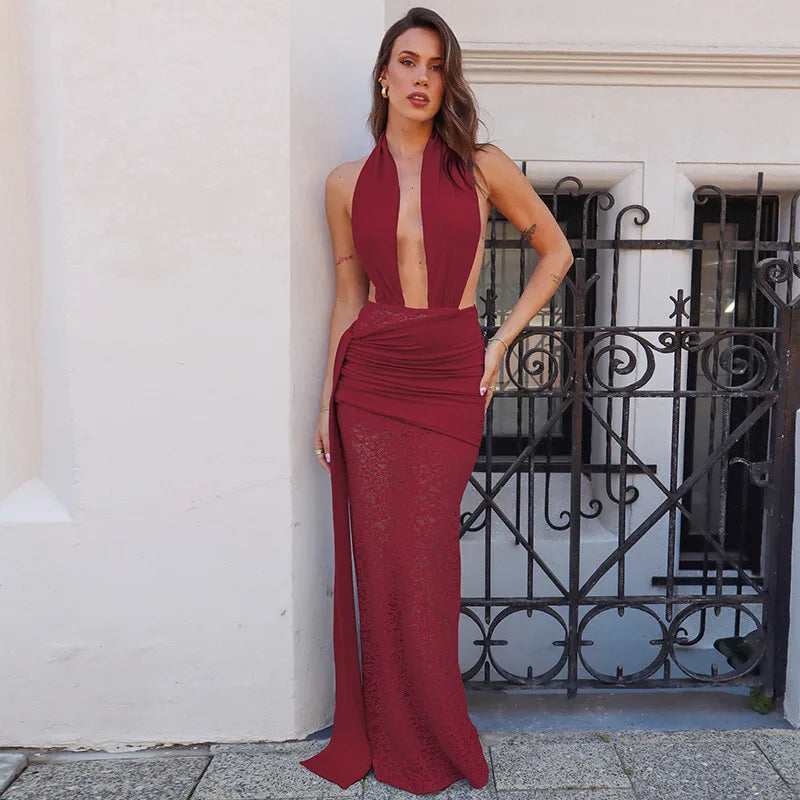 Halter Plunge V-Neck Ruched Sash Lace Skirt Maxi Gown