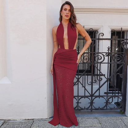 Halter Plunge V-Neck Ruched Sash Lace Skirt Maxi Gown