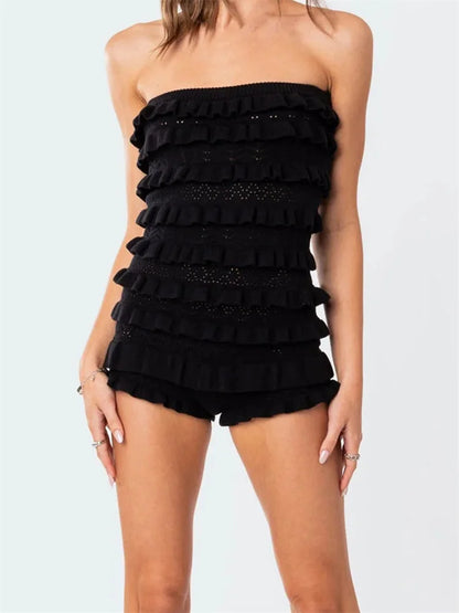 Women Tube Jumpsuits Off Shoulder Strapless Hollow Out Layered Ruffles Knitted Short Rompers Summer Beach Jumpsuits