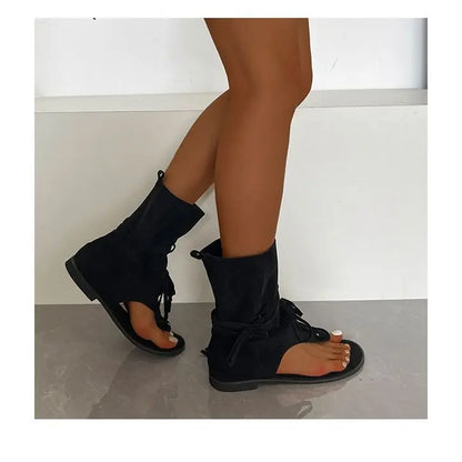 Retro Summer Women Sandals Open Toe Tassel Design Suede Flat Roman Sandals Soft Lightweight Ladies Western Boots