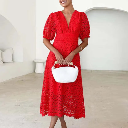Sexy Deep V Lace Hollow Crochet Solid color Party Dresses Summer Elegant Women Temperament Waist Cinching A-Line Maxi Dress 2025