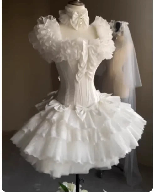Temperament Simple Square Collar White Sweet Girl Lolita Wedding Dress Romantic High Waist A-line Versatile Elegant Cake Dresses