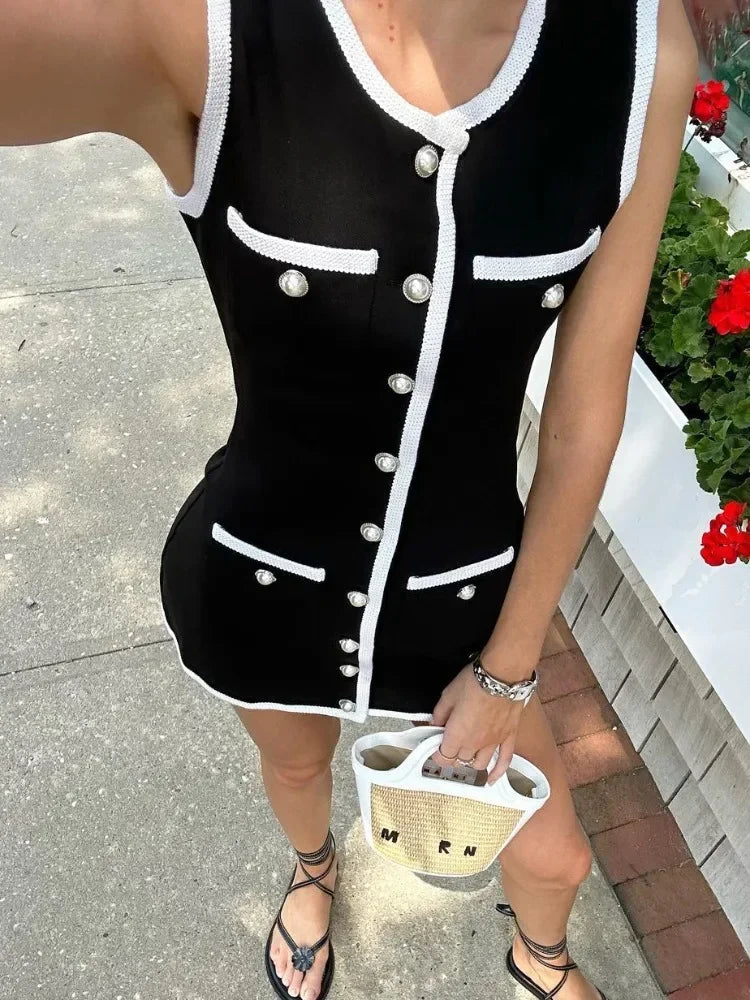 Knit Sleeveless Single Breasted Mini Dress Women Slim Contrast Female Patchwork Dresses Spring Fashion O Neck Pockets Lady Robe